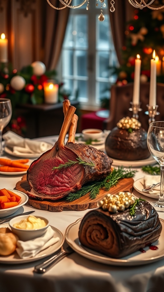 Elegant Christmas Dinner Menu An upscale Christmas dinner table with prime rib, mashed potatoes, glazed carrots, and chocolate yule log cake.